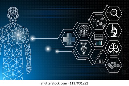 abstract background technology concept in blue light,brain and human body heal ,technology modern medical science in future and global international medical with tests analysis clone DNA human