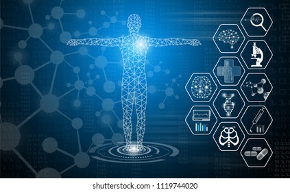 abstract background technology concept in blue light,brain and human body heal ,technology modern medical science in future and global international medical with tests analysis clone DNA human