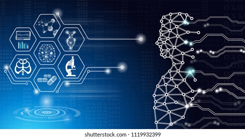 abstract background technology concept in blue light,brain and human body heal ,technology modern medical science in future and global international medical with tests analysis clone DNA human