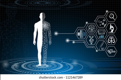 abstract background technology concept in blue light,brain and human body heal ,technology modern medical science in future and global international medical with tests analysis clone DNA human