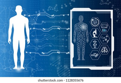 abstract background technology concept in blue light,brain and human body heal ,technology modern medical science in future and global international medical with tests analysis clone DNA human