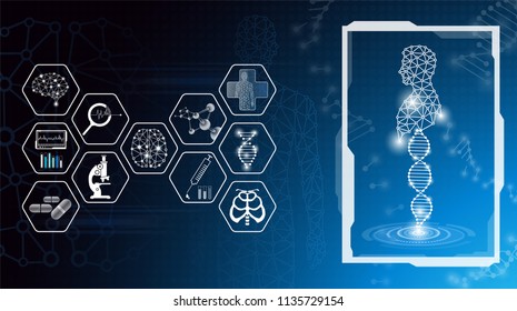 abstract background technology concept in blue light,brain and human body heal ,technology modern medical science in future and global international medical with tests analysis clone DNA human
