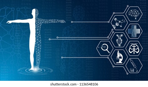 abstract background technology concept in blue light,brain and human body heal ,technology modern medical science in future and global international medical with tests analysis clone DNA human