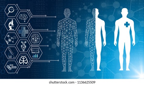 abstract background technology concept in blue light,brain and human body heal ,technology modern medical science in future and global international medical with tests analysis clone DNA human