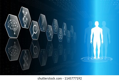 abstract background technology concept in blue light,brain and human body heal ,technology modern medical science in future and global international medical with tests analysis clone DNA human