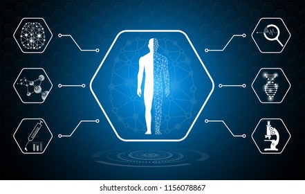 abstract background technology concept in blue light,brain and human body heal ,technology modern medical science in future and global international medical with tests analysis clone DNA human