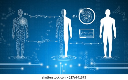 abstract background technology concept in blue light,brain and human body heal ,technology modern medical science in future and global international medical with tests analysis clone DNA human