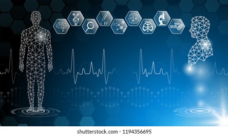 abstract background technology concept in blue light,brain and human body heal ,technology modern medical science in future and global international medical with tests analysis clone DNA human