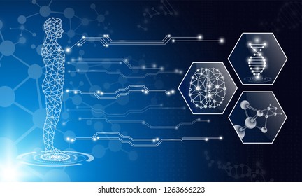 abstract background technology concept in blue light,brain and human body heal ,technology modern medical science in future and global international medical with tests analysis clone DNA human