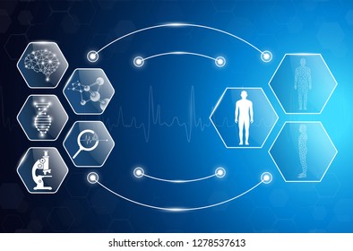 abstract background technology concept in blue light,brain and human body heal ,technology modern medical science in future and global international medical with tests analysis clone DNA human