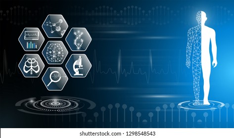 abstract background technology concept in blue light,brain and human body heal ,technology modern medical science in future and global international medical with tests analysis clone DNA human