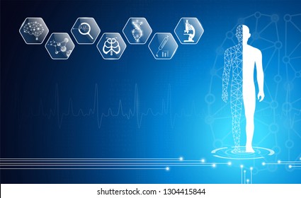 abstract background technology concept in blue light,brain and human body heal ,technology modern medical science in future and global international medical with tests analysis clone DNA human