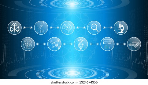 abstract background technology concept in blue light, brain and human body heal, technology modern medical science in future and global international medical with tests analysis clone DNA human