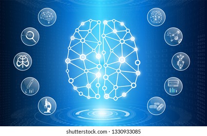abstract background technology concept in blue light,brain and human body heal ,technology modern medical science in future and global international medical with tests analysis clone DNA human