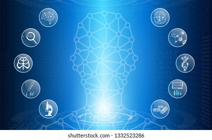abstract background technology concept in blue light,brain and human body heal ,technology modern medical science in future and global international medical with tests analysis clone DNA human