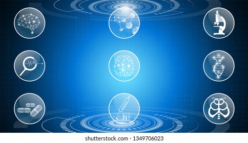 abstract background technology concept in blue light,brain and human body heal ,technology modern medical science in future and global international medical with tests analysis clone DNA human