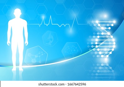 Abstract background technology concept in blue light, brain and human body heal. Technology modern medical science in future and global international medical with tests analysis clone DNA human