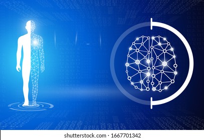 Abstract background technology concept in blue light. Brain and human body heal. Technology modern medical science in future and global international medical with tests analysis clone DNA human