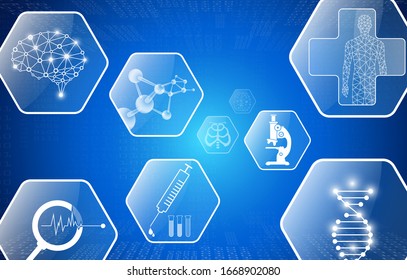 abstract background technology concept in blue light,brain and human body heal ,technology modern medical science in future and global international medical with tests analysis clone DNA human
