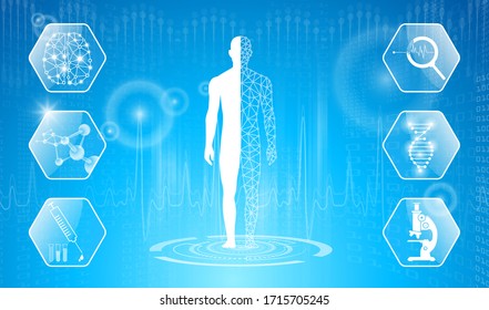 abstract background technology concept in blue light,brain and human body heal ,technology modern medical science in future and global international medical with tests analysis clone DNA human