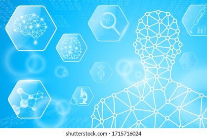 abstract background technology concept in blue light,brain and human body heal ,technology modern medical science in future and global international medical with tests analysis clone DNA human