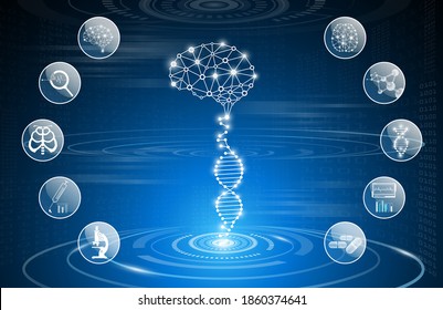 abstract background technology concept in blue light,brain and human body heal ,technology modern medical science in future and global international medical with tests analysis clone DNA human