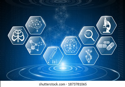 abstract background technology concept in blue light,brain and human body heal ,technology modern medical science in future and global international medical with tests analysis clone DNA human