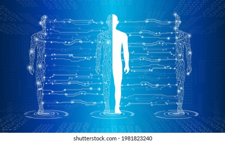 Abstract Background Technology Concept In Blue Light,brain And Human Body Heal ,technology Modern Medical Science In Future And Global International Medical With Tests Analysis Clone DNA Human