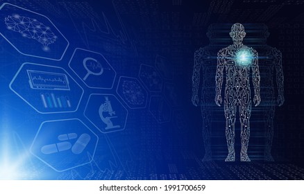 abstract background technology concept in blue light,brain and human body heal ,technology modern medical science in future and global international medical with tests analysis clone DNA human