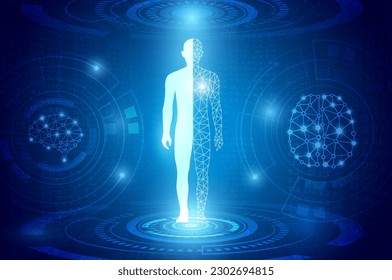 abstract background technology concept in blue light,brain and human body heal ,technology modern medical science in future and global international medical with tests analysis clone DNA human