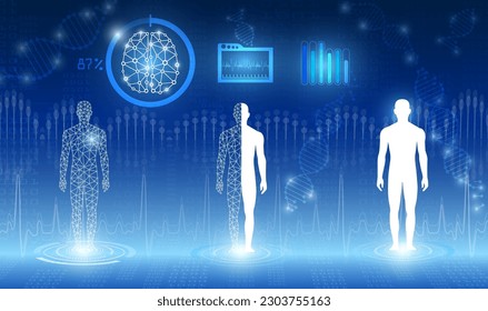 abstract background technology concept in blue light,brain and human body heal ,technology modern medical science in future and global international medical with tests analysis clone DNA human