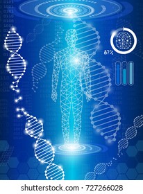 abstract background technology concept in blue light, human heal, technology modern medical science in future and global international medical with tests analysis clone DNA human