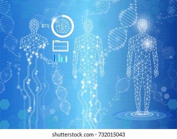 Abstract Background Technology Concept In Blue Light,human Body Heal,technology Modern Medical Science In Future And Global International Medical With Tests Analysis Clone DNA Human