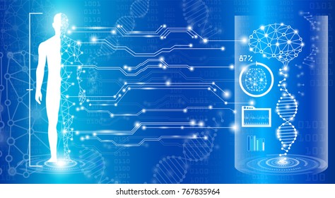 abstract background technology concept in blue light,brain and human body heal ,technology modern medical science in future and global international medical with tests analysis clone DNA human