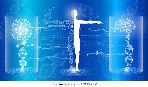 abstract background technology concept in blue light,brain and human body heal ,technology modern medical science in future and global international medical with tests analysis clone DNA human