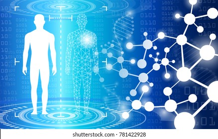 abstract background technology concept in blue light,brain and human body heal ,technology modern medical science in future and global international medical with tests analysis clone DNA human