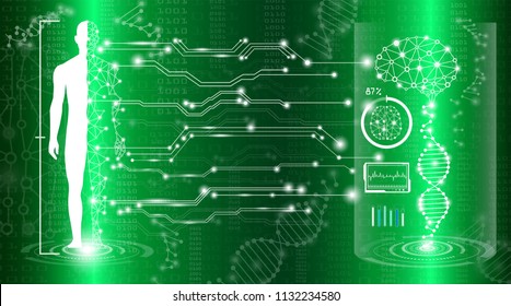 abstraktes Technologiekonzept für grünes Licht, menschliche Körperheilung, Technologie der modernen Medizin in der Zukunft und globale internationale Medizin mit Tests Analyse Klon DNA menschlicher