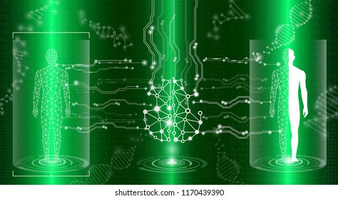 abstract background technology concept in green light,human body heal,technology modern medical science in future and global international medical with tests analysis clone DNA human