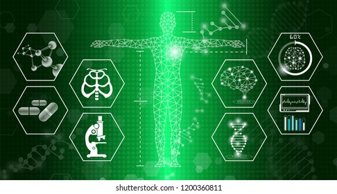 abstract background technology concept in green light,human body heal,technology modern medical science in future and global international medical with tests analysis clone DNA human