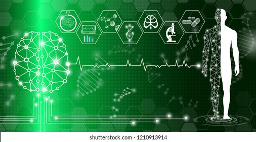 abstract background technology concept in green light,human body heal,technology modern medical science in future and global international medical with tests analysis clone DNA human