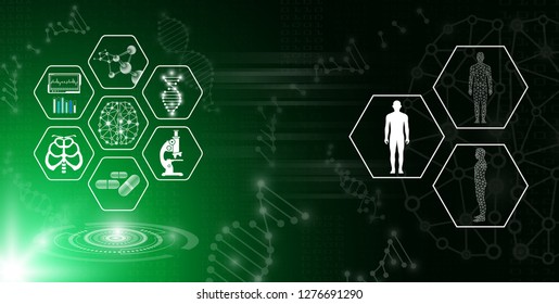 abstract background technology concept in green light,human body heal,technology modern medical science in future and global international medical with tests analysis clone DNA human