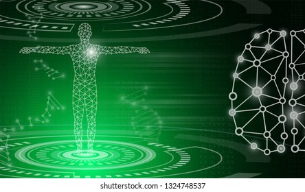 abstract background technology concept in green light, human body heal, technology modern medical science in future and global international medical with tests analysis clone DNA human