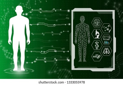 abstract background technology concept in green light,human body heal,technology modern medical science in future and global international medical with tests analysis clone DNA human