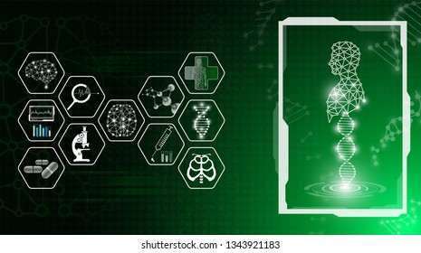abstract background technology concept in green light,human body heal,technology modern medical science in future and global international medical with tests analysis clone DNA human