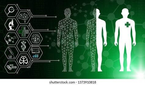 abstract background technology concept in green light,human body heal,technology modern medical science in future and global international medical with tests analysis clone DNA human