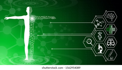 abstract background technology concept in green light,human body heal,technology modern medical science in future and global international medical with tests analysis clone DNA human