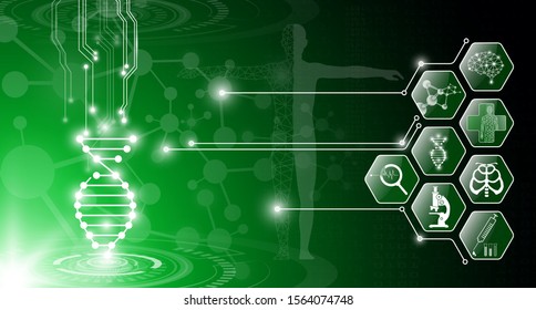 abstract background technology concept in green light,human body heal,technology modern medical science in future and global international medical with tests analysis clone DNA human
