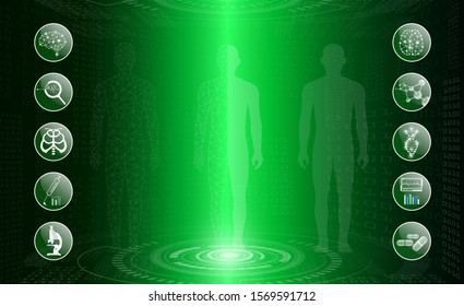 abstract background technology concept in green light,human body heal,technology modern medical science in future and global international medical with tests analysis clone DNA human