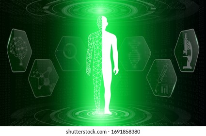abstract background technology concept in green light,human body heal,technology modern medical science in future and global international medical with tests analysis clone DNA human