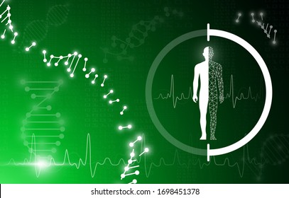 abstraktes Technologiekonzept für grünes Licht, menschliche Körperheilung, Technologie der modernen Medizin in der Zukunft und globale internationale Medizin mit Tests Analyse Klon DNA menschlicher